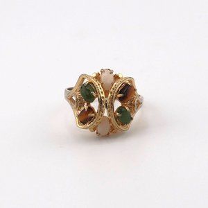 Vintage 10k GOLD Ring Cluster Jade Opal Tiger's Eye Women's Jewelry Size 8.25 **